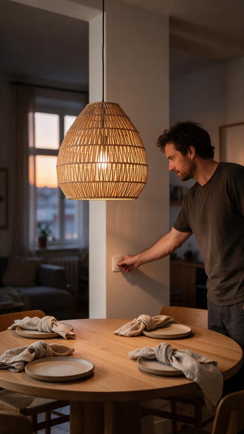 Rattan pendant lamp b-roll: AI-generated lifestyle b-roll: a rattan pendant lamp glows over a dining table at dusk