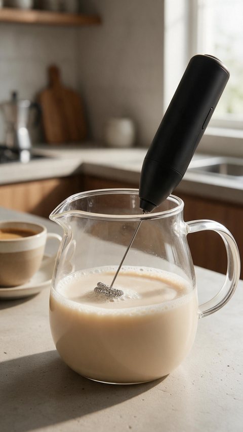 Milk frother ASMR clip: AI-generated ASMR clip: a handheld frother whips oat milk into thick foam