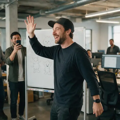 Brand designer acting out a wave while a colleague films