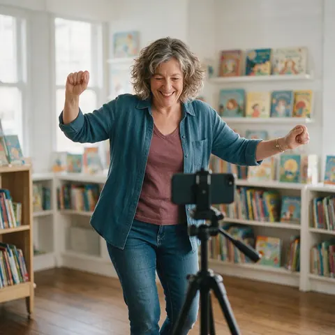 Children's author dancing in a home library while a phone records
