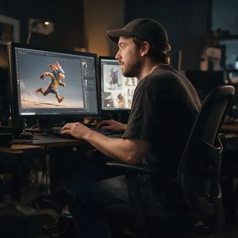Game artist watching a stylised creature character run on a monitor