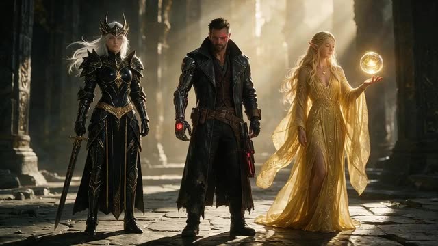 Three original fantasy characters with flowing capes and drifting magic particles