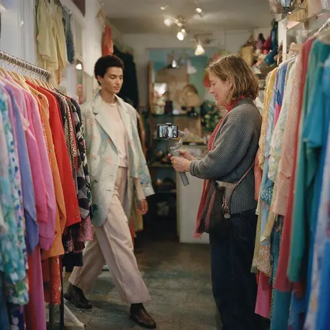 Boutique owner filming a model walk between clothing rails