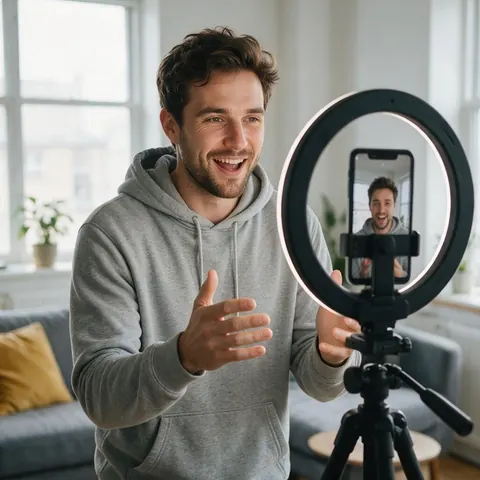 Creator recording a vertical video in a bright apartment