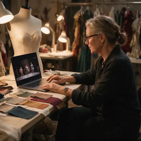 Costume designer reviewing rehearsal footage beside fabric swatches