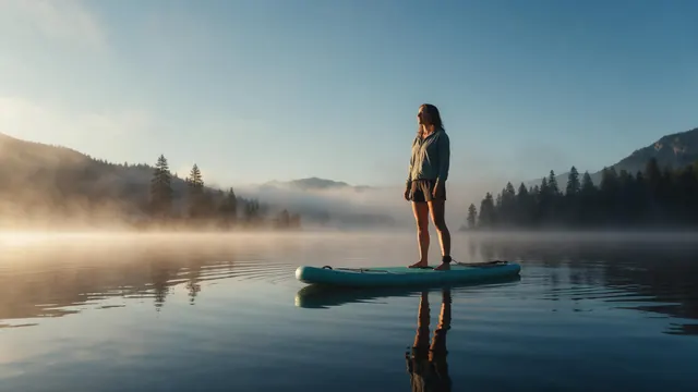 Paddleboard sunrise poster: AI-generated scene poster: a paddleboarder on a glassy lake at sunrise
