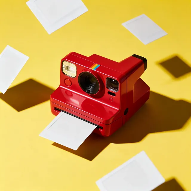 Instant camera colour pop: AI-generated colour-pop commercial frame of an instant camera