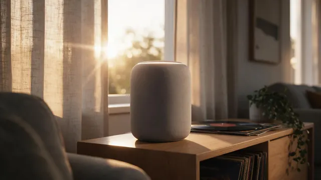 Smart speaker living room still: AI-generated commercial still of a smart speaker in a calm living room