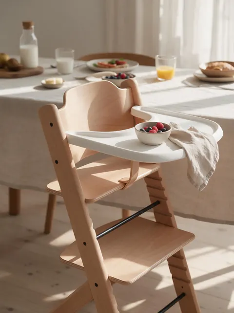 Wooden high chair natural light: AI-generated natural-light commercial frame of a wooden high chair