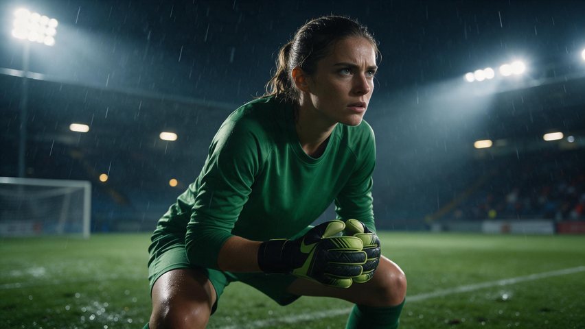 Goalkeeper glove football TVC: AI-generated match-day commercial: a keeper dives in the rain under floodlights