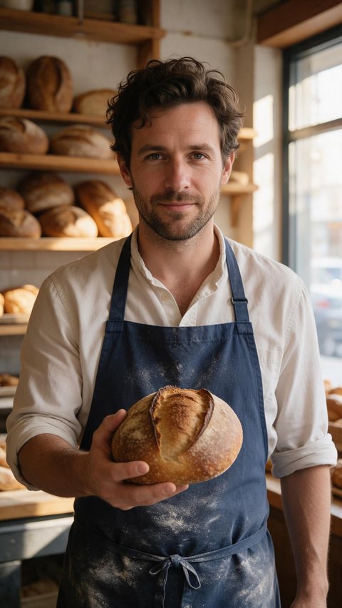 Bakery owner presenter spot: AI-generated presenter commercial: a baker talks to camera holding a fresh loaf