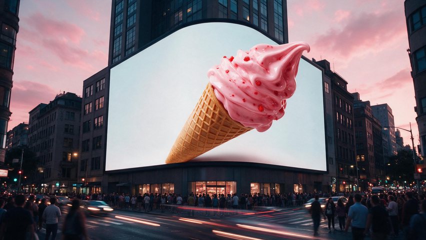 Ice-cream cone 3D billboard: AI-generated billboard commercial: a giant ice-cream cone over a city street