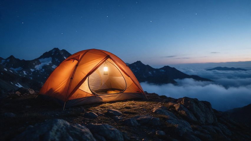 Ridge tent outdoor showcase: AI-generated product commercial: a glowing tent on a mountain ridge at blue hour