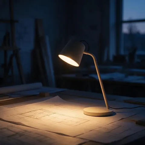 Desk lamp lighting up a dark studio in a brand film still