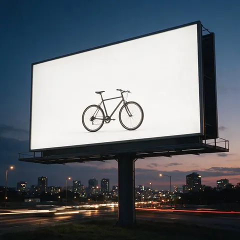 A bicycle on a giant city billboard at dusk