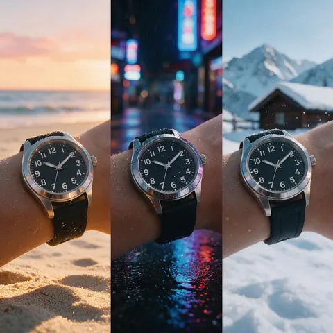 The same watch in three commercial moods