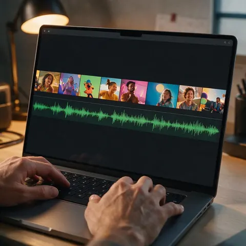 A laptop timeline of colourful video clips with an audio waveform