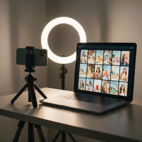 A laptop showing vertical social video frames next to a phone on a tripod