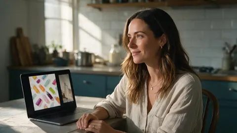 A brand owner reviewing product images and video frames on a laptop