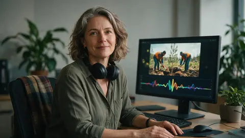 A communications lead editing a volunteer video at her desk