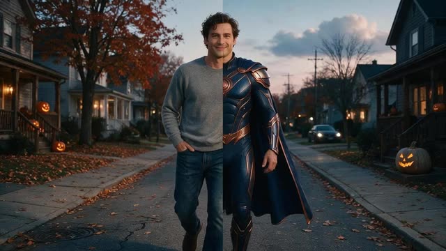 Looping clip of a man walking down a Halloween street as his sweater turns into a superhero suit