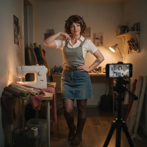 Cosplayer filming a pose in a craft room with a sewing machine