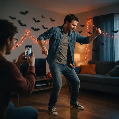 Man dancing in a Halloween-decorated living room while a friend films