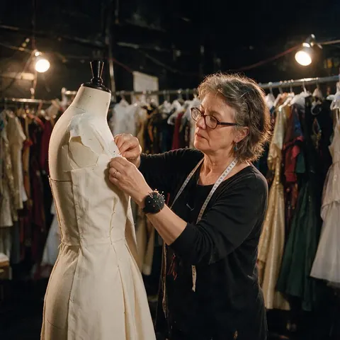 Costume designer pinning fabric on a dress form backstage