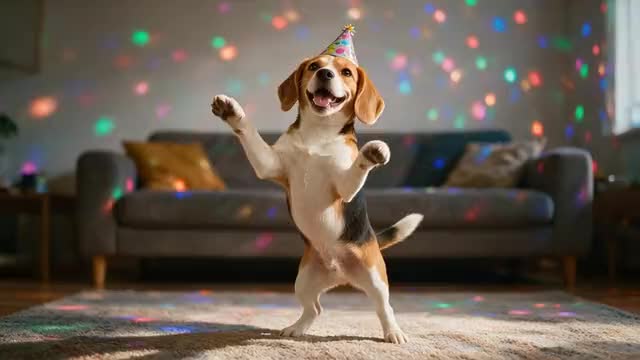 Looping clip: the beagle in a party hat bounces and wiggles to the music under disco lights