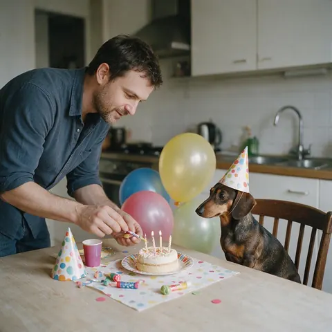 Man at a kitchen table with a dachshund in a paper party hat and balloons behind