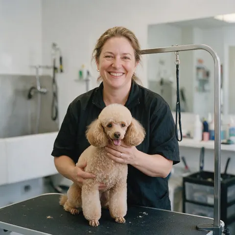 Dog groomer smiling with a freshly groomed poodle on the grooming table