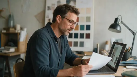 An agency owner reviewing a proposal on a laptop