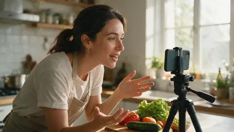 A cooking creator filming a recipe in her kitchen
