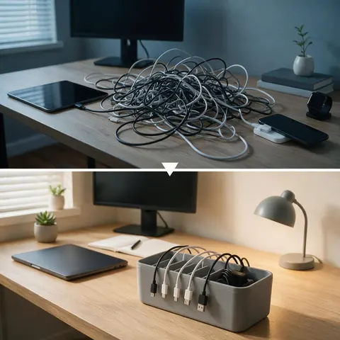 Problem-to-solution ad: tangled cables, then a tidy desk with an organiser