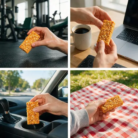 Grid of four candid scenes with the same snack bar, hands only