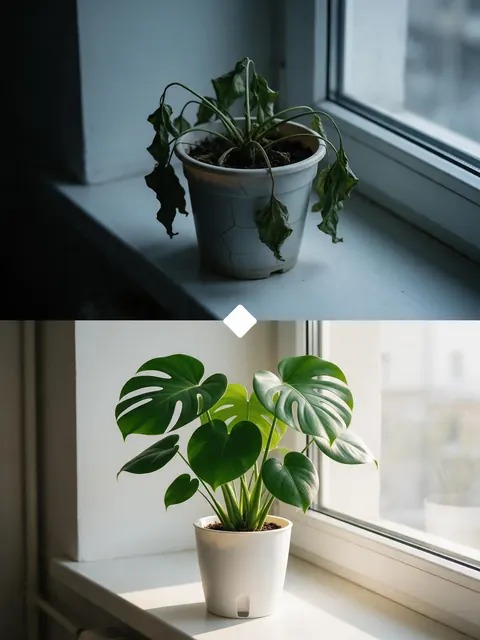 Self-watering pot before/after: AI-generated problem-to-solution feed ad for a self-watering plant pot