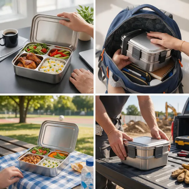Lunch box in four settings: AI-generated social-proof style feed ad of one lunch box shown in four places