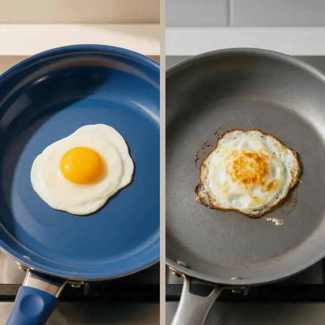 Frying pan comparison: AI-generated comparison feed ad of a non-stick pan versus a generic pan