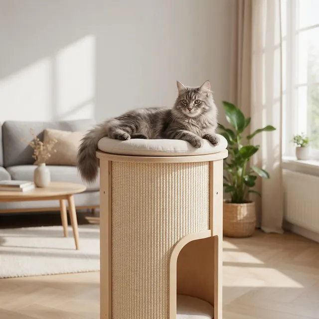 Cat tower carousel card: AI-generated carousel-set card of a cat scratching tower in a sunny room