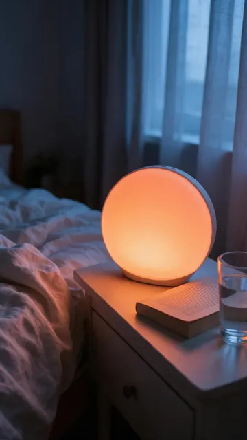 Sunrise alarm clock story: AI-generated phone-photo Story ad of a sunrise alarm clock on a nightstand