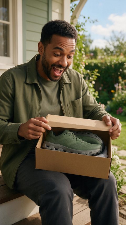 Trail shoes porch unboxing: AI-generated unboxing-style Reels ad of green trail running shoes