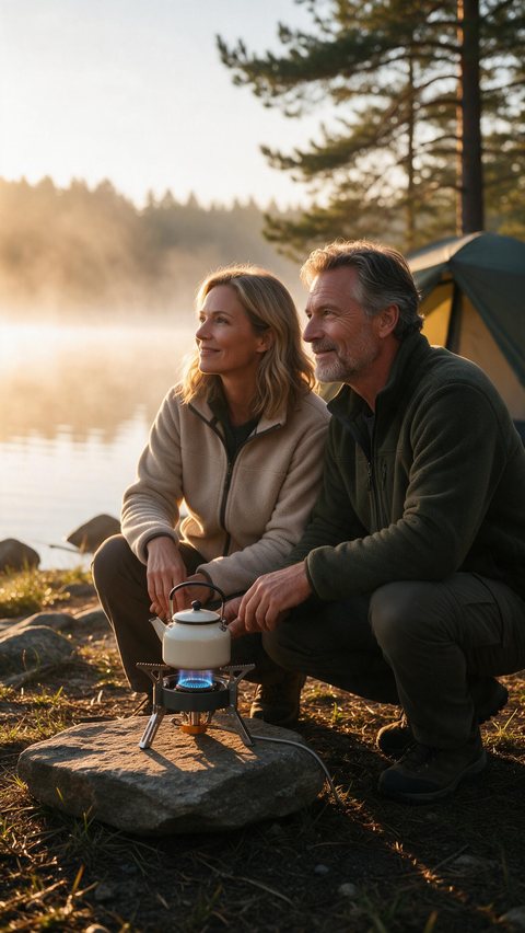 Camp stove sunrise b-roll: AI-generated lifestyle Reels ad of a compact camp stove brewing coffee by a lake