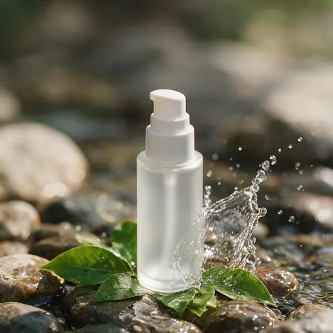 Serum bottle on wet river stones with leaves, ad style