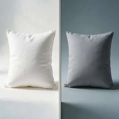 Split-screen comparison of a bright linen pillow and a plain grey one