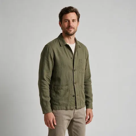 Fictional AI male model in an olive linen overshirt on a grey studio sweep