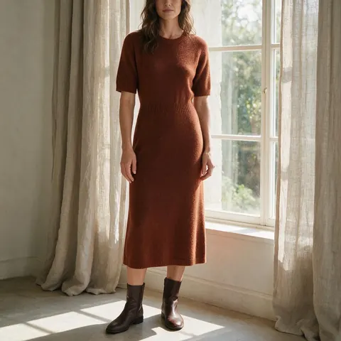 Fictional AI model in a rust knit dress by a sunlit window