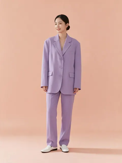 Lavender suit on peach: AI-generated on-model image of an oversized lavender blazer suit