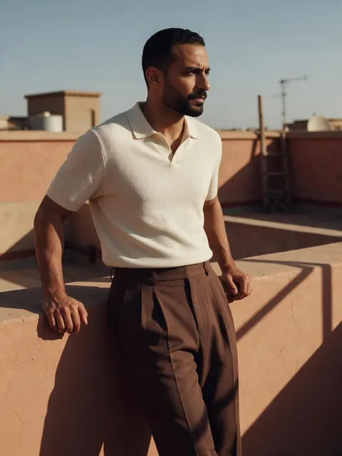 Knit polo rooftop editorial: AI-generated editorial on-model image of a cream knit polo and brown trousers