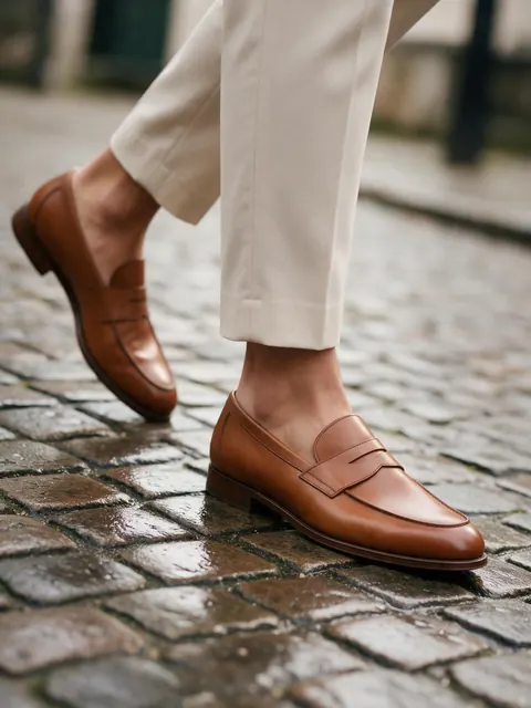 Loafers on cobblestones: AI-generated faceless image of tan leather loafers with cropped trousers