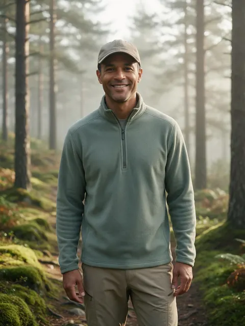 Fleece in the pine forest: AI-generated natural-light image of a model in a sage hiking fleece